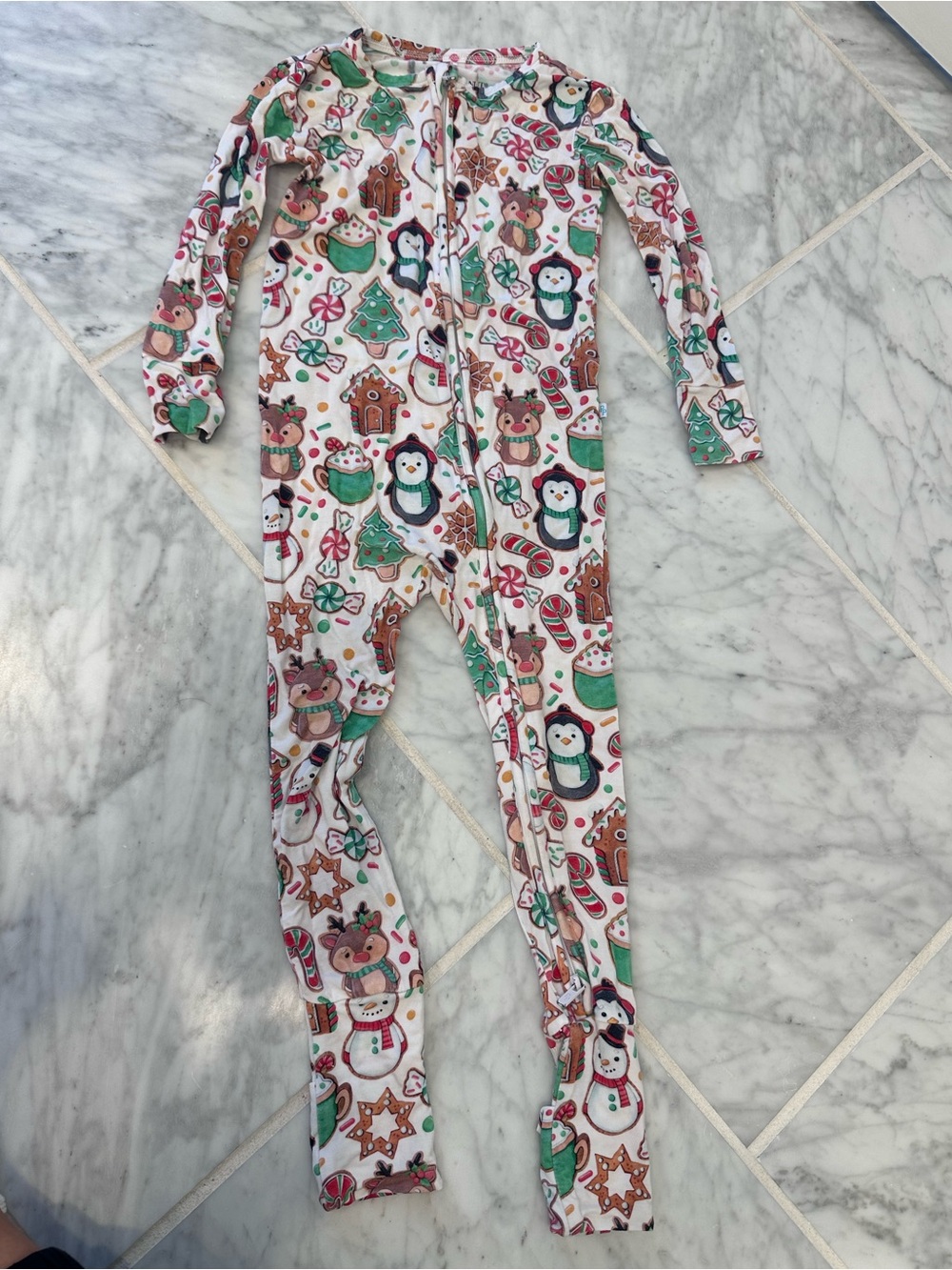 Posh Peanut White Holiday Penguin & Reindeer Footed Pajamas